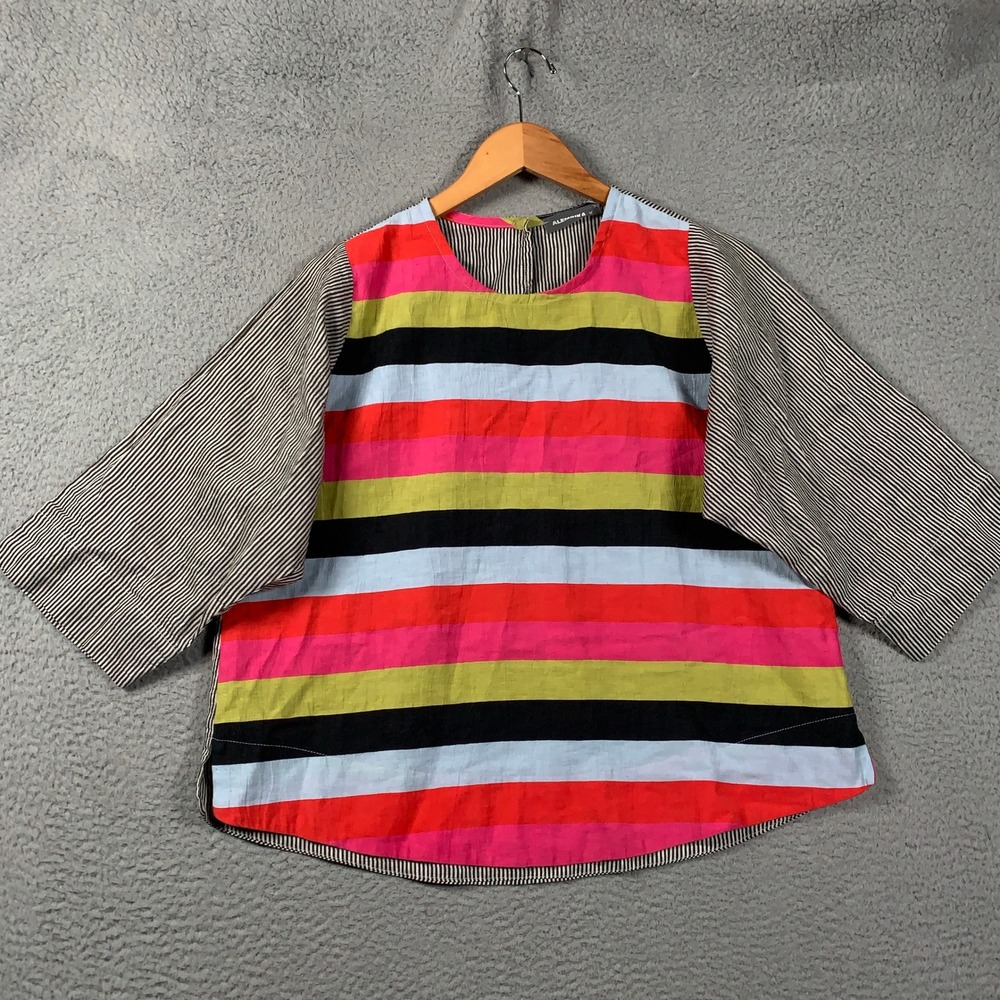 Alembika Linen Blend Boxy Blouse Womens Medium M Multi Lagenlook Art To Wear Top